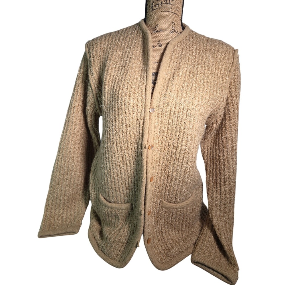 Tan Vintage Boucle Knit "Collections" Cardigan Sweater Women XL Pockets Scarf